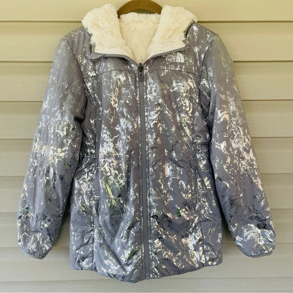 The North Face Girls Reversible Mossbud Swirl Metallic Gray Parka Jacket Size L